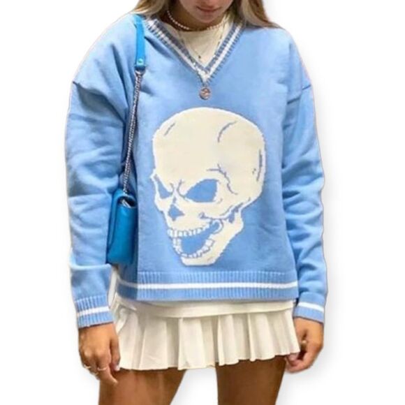 NEW Argyle Sweater Graphic Hearts Skulls Super Soft Knitted V Neck Sweaters - Picture 2 of 4